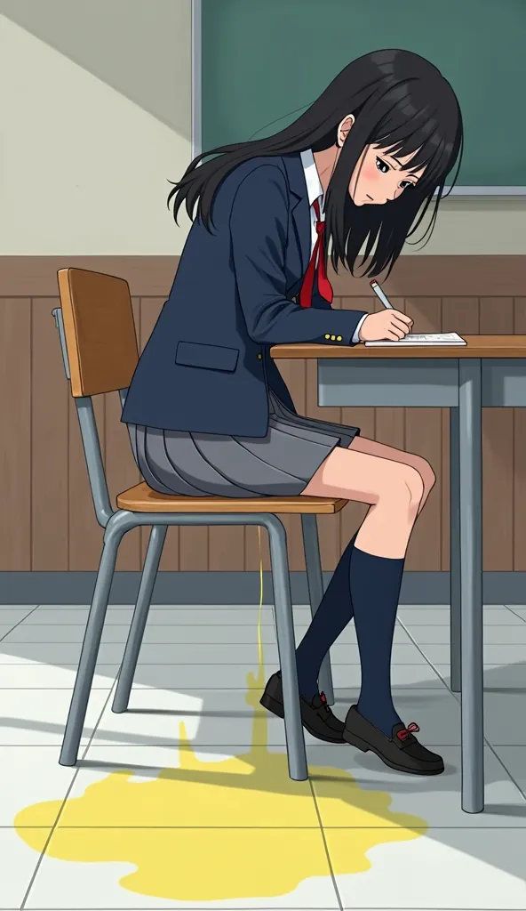 navy blue blazer with gold buttons on a white shirt, red ribbon on the chest,grey pleated skirt, dark blue high socks,Black school loafers, black hair long hair,Neat Lady ,Beauty,教室の椅子に座ったままUrinary incontinenceして白いタイルの床に自分のオシッコで椅子の下にレモン汁のような薄い蛍光黄色で透明の水溜りを作...