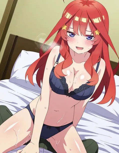 detailed background,  shiny skin, posing, 
 gotoubun,itsuki, ,  , indoor, bed, (bra),(panties) , cleavage, , Cowgirl position,, cowboy shot,  wet body, , , dutch angle, , looking at boy, steam, open mouth,  , naughty face,
