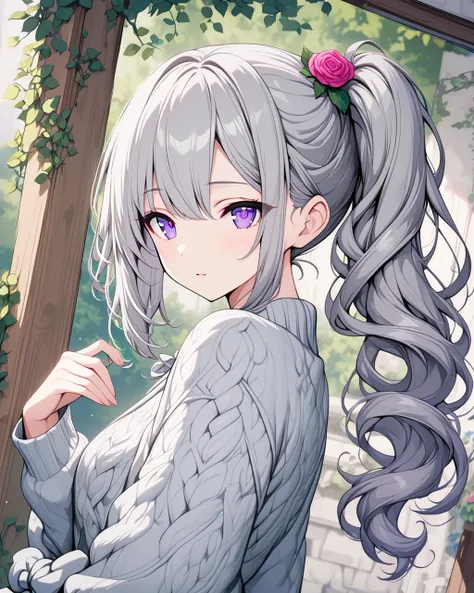   girl,( Long, flowing hair ),   Detailed skin  ，((  masterpiece,   best quality ))++,  Detailed Lighting +, Fine Hair+, Detail Hand+ , miss, Light purple eyes,   pretty eyes  , Young white hair,(Beautiful grey hair :1.5),(  Beautiful and Delicate Eyes ), ...