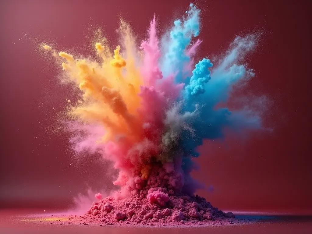 A macro image with 
an upward
 view of 
powder bursting
 in 
soft rainbow
 colors over 
a solid burgundy
 background with empty space and 
even studio
 lighting.