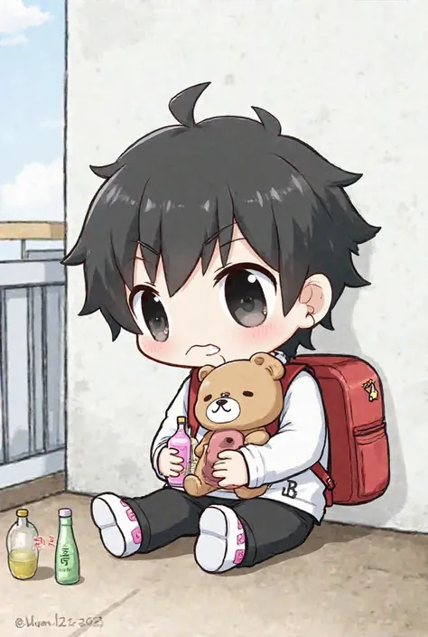 Chibi boy character, gender, zigzag, black eyes, black hair, wearing a white shirt with a B stripe in the middle of the shirt, unbutton 2 buttons, wearing black trousers, white shoes with pink patterns, carrying a brown bear doll, a bottle of pink milk and...