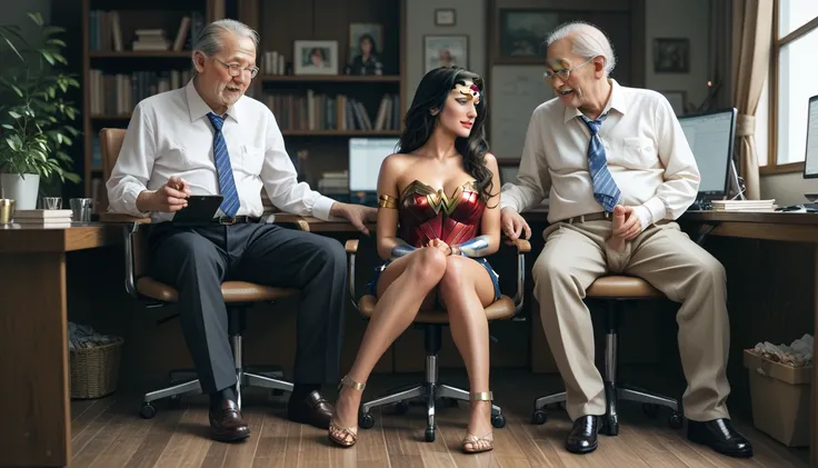 Inside the office、Wonder Woman and an old man face each other、Wonder Woman sitting with her knees at the feet of a standing old man、Composition showing the full bodies of two people、Wonder Woman plays with the old man's penis with two fingers、((The old man...