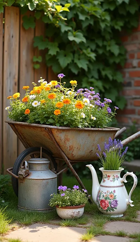 A charming outdoor garden scene featuring a variety of vintage containers repurposed as planters. The setting includes an old, rustic wheelbarrow overflowing with colorful flowers such as petunias and marigolds. Nearby, a weathered milk can holds a bouquet...