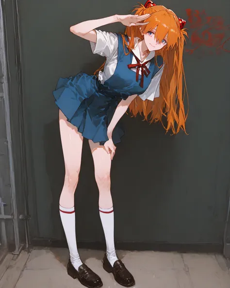 , TOP QUALITY,    masterpiece,     748cm style  ,  、    8k Wallpaper、  masterpiece、 high detail、            absurd,     latest,                Neon Genesis Evangelion、   woman 1 person、solo、Soryu Asuka Langley、    orange hair、   blue eyes、  High School Blu...