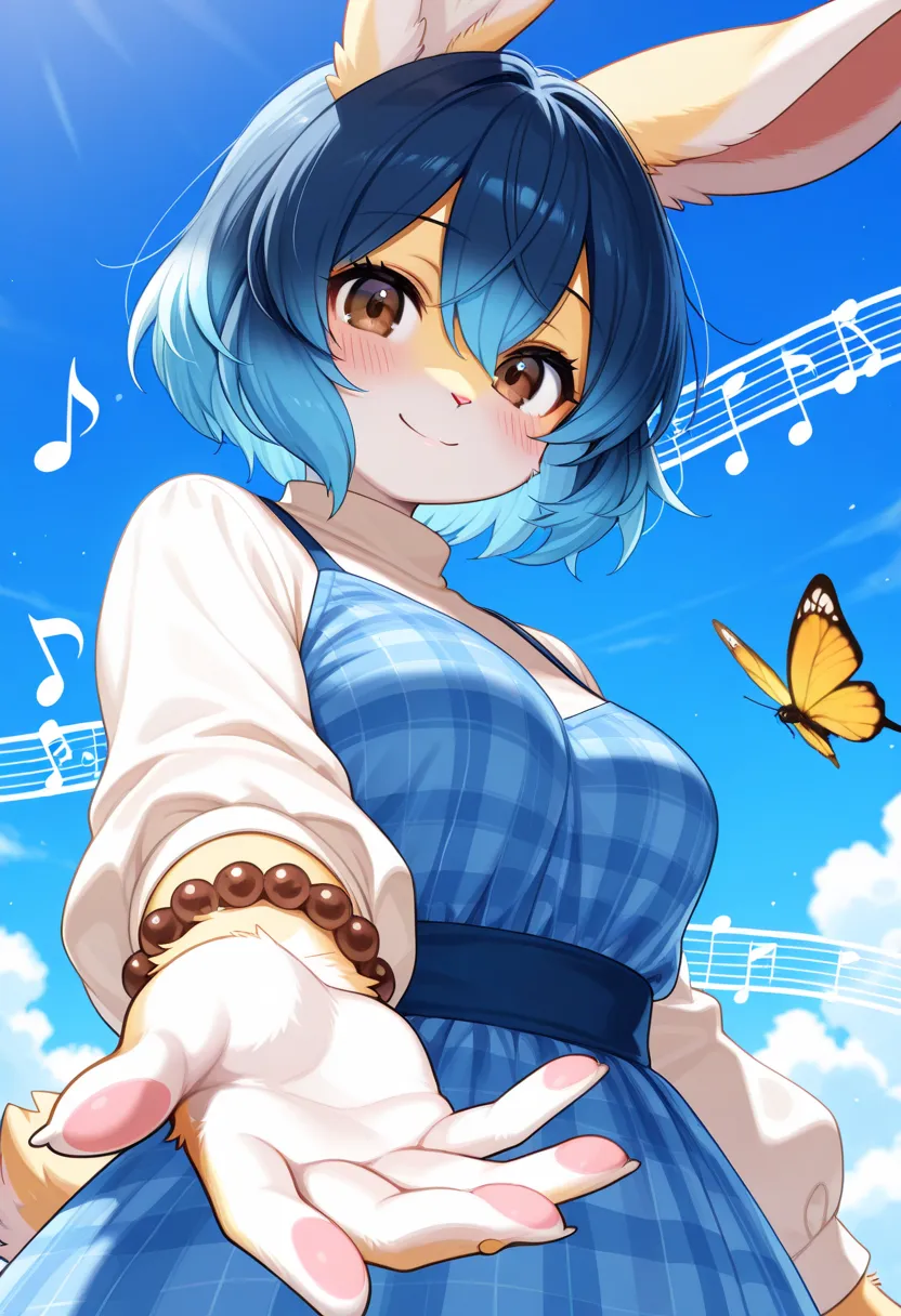 1girl, (furry, kemono:1.4), rabbit girl, animal nose, rabbit ears, blue hair, solo, musical note, blush, looking at viewer, short hair, smile, reaching, reaching towards viewer, brown eyes, jewelry, sky, hair between eyes, dress, butterfly, bug, bracelet, ...