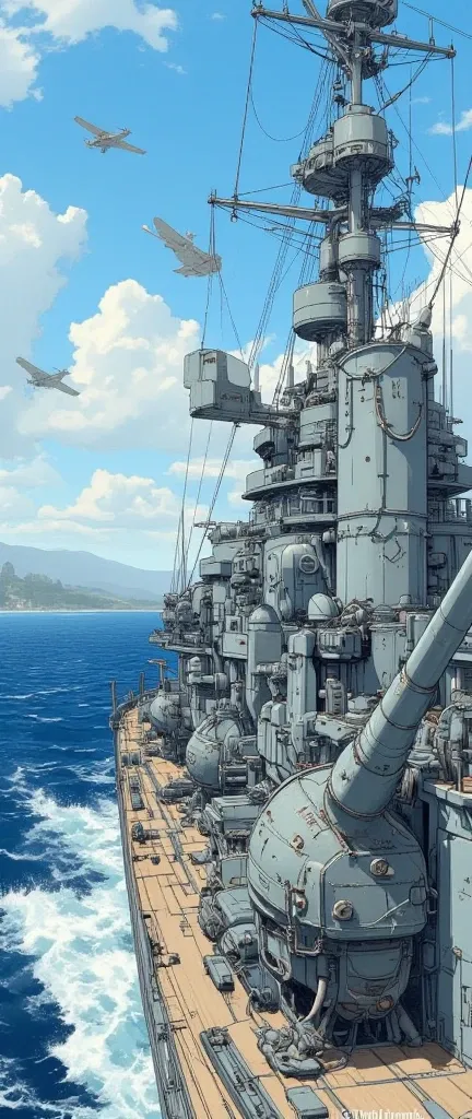 Flying Battleships,Main gun,Guns,High Angle Guns,Planes in the Distance,wooden,mechanical,Floating Islands,sea,blue sky,cloud,