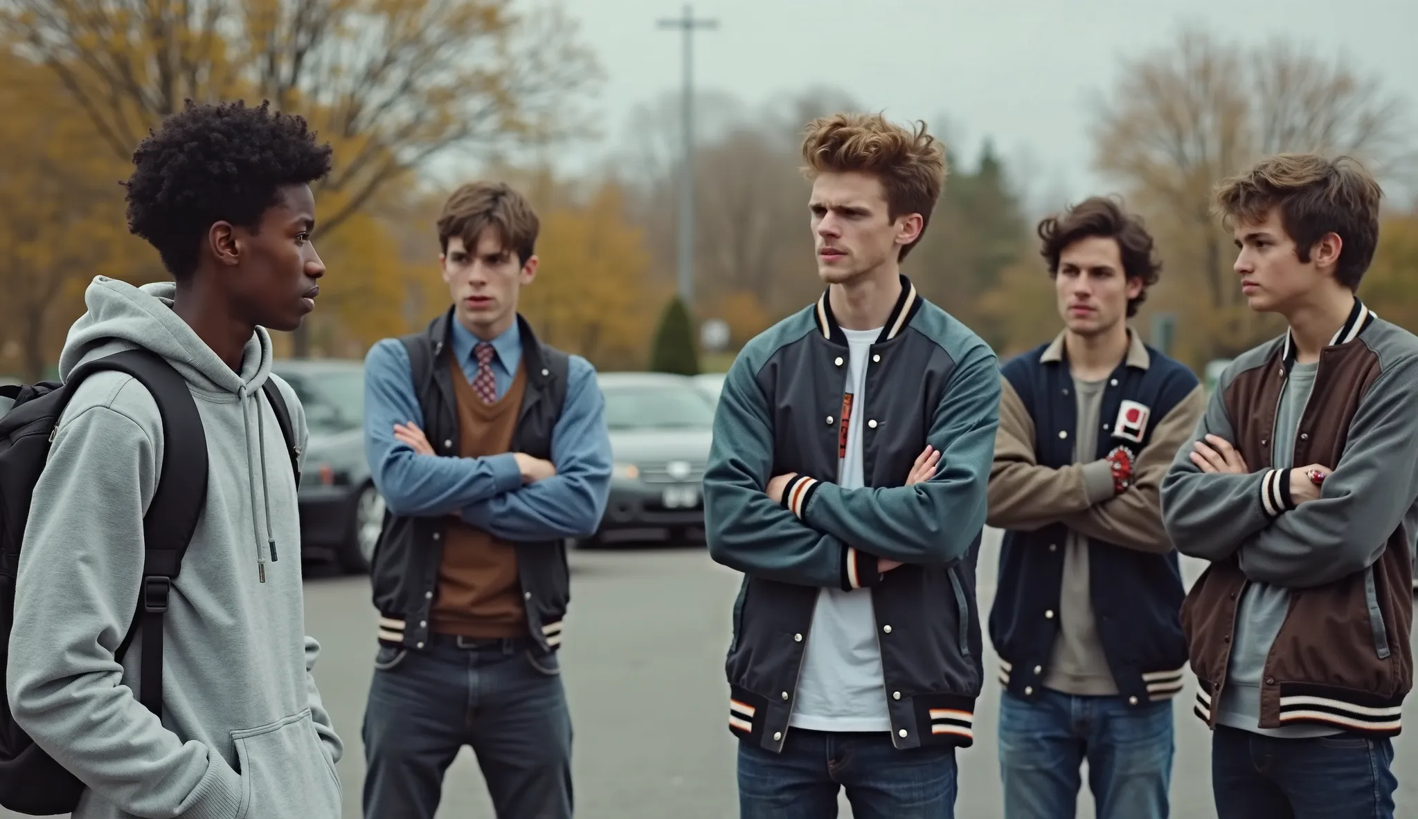 A tense scene in a high school parking lot during daytime. A young black ager wearing a gray hoodie and backpack stands alone, looking uncomfortable and isolated. Surrounding him are four white age boys wearing varsity jackets, standing with crossed arms, ...