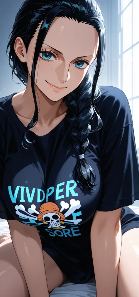 masterpiece, high score, great score, absurdres, close-up potrait, upper body, beautiful woman, Nico Robin, one piece, black hair, hair slicked back, single braid, beautiful blue eyes, looking at viewer, smile, :), oversized black t-shirt, simple backgroun...