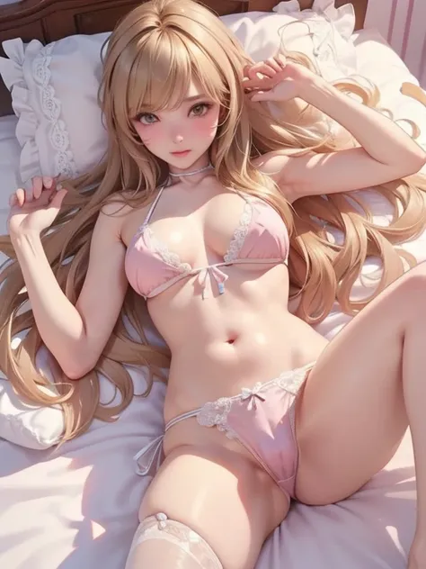 TOP QUALITY、high resolution、beautiful woman、 perfect style with both legs、photorealistic 3d animation、(8k、 girl masturbating 、panties from your crotch、 on the bed)、Lying down、Pussy juice、blush、embarrassing、looking at the camera、( blonde、 brown long hair)、b...