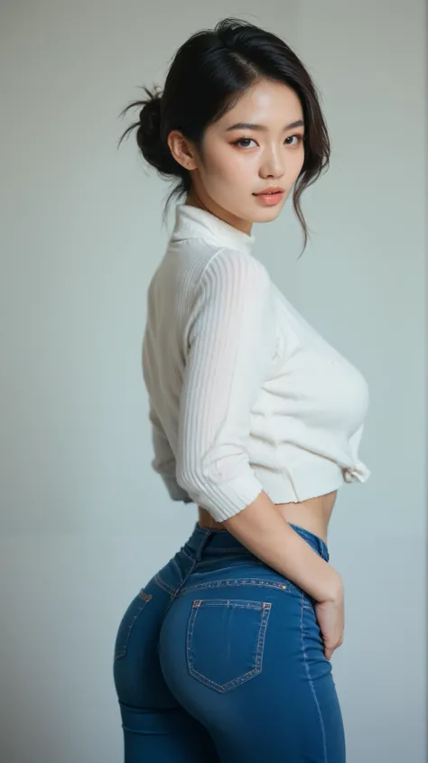 An asian woman in a blue jeans and perky ass 