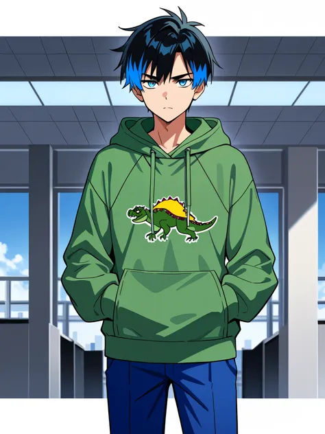 anime boy, black hair with electric blue highlights, blue eyes, serious expression, dark green dinosaur hoodie, hands in hoodie pockets, blue pants, convention center lobby