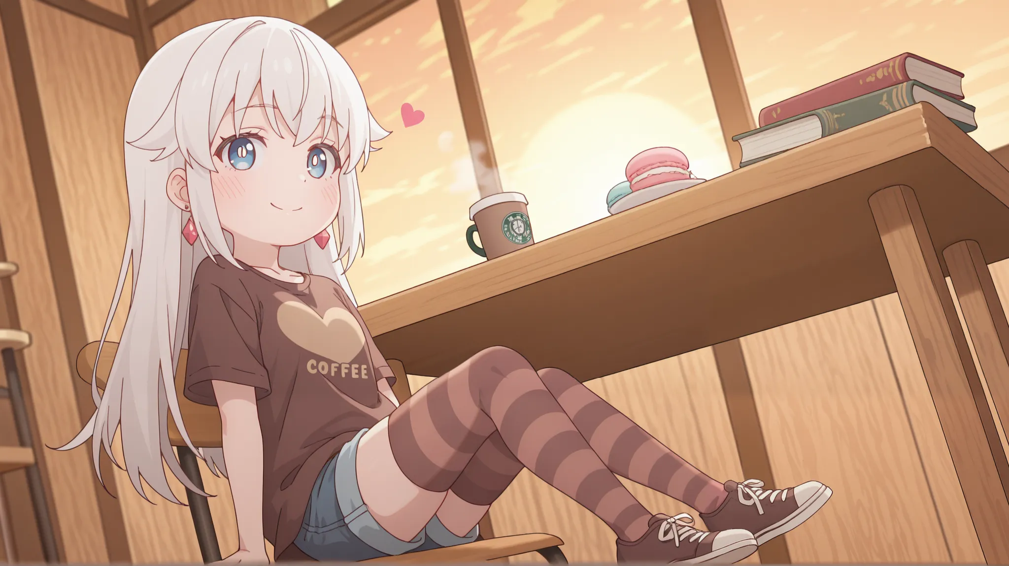 1girl,masterpiece, best quality, newest, absurdres, highres, long hair, white hair, blue eyes, large bust, looking_at_viewer, chibi, 1girl, solo, coffee cup, casual outfit, t-shirt, denim shorts, sitting, warm atmosphere, wooden table, soft lighting, sunse...