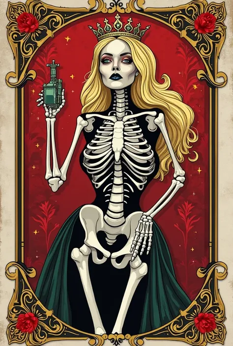 Draw a simple, non detailed upper body from pretty, sexy queen skeleton with blonde hair tarot card with the name „Blond.sticht“ in german. In one hand she holds a tattoo maschine. She should have a curvy body. Vector. Clipart. Red gold. Majestic. Queen. V...