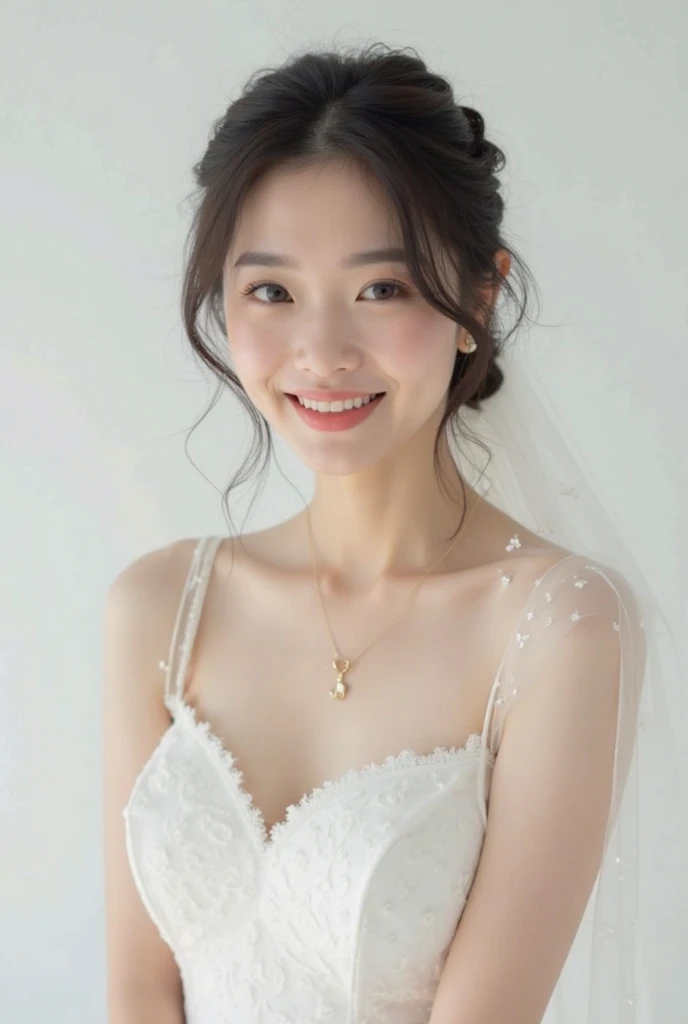 realistic light,natural light,white background,top quality、8 thousand、32,000、masterpiece、UHD:1.2)、photo of korean woman、Korean wedding,front position,black hair、upper part of the body,bust、from above,up style, clean hair, dark brown hair