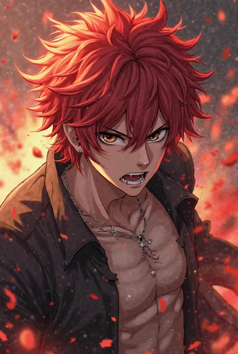  masterpiece, best quality,  animated characters during a fight,  good-looking,  male character,  red hair at the end of the neck, Full thigh hair , Open your mouth for lots of piercings , looks angry, dark eyes, Nice ,  