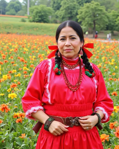 arafed woman in a red dress in a field of flowers, mexican folklore, girl dancing in a flower field, folklorico, woman standing in flower field, a goddess in a field of flowers, she is mexican, standing in a flower field, beautiful mexican woman, standing ...