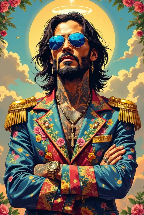 Surreal digital art in the style of photographs by David Lachapelle. An asthenic man in an extravagant outfit in a fantastic setting. Chin up. Look up. Long dark disheveled hair. A full, well-defined beard. Bright blue mirrored aviator sunglasses with sky ...