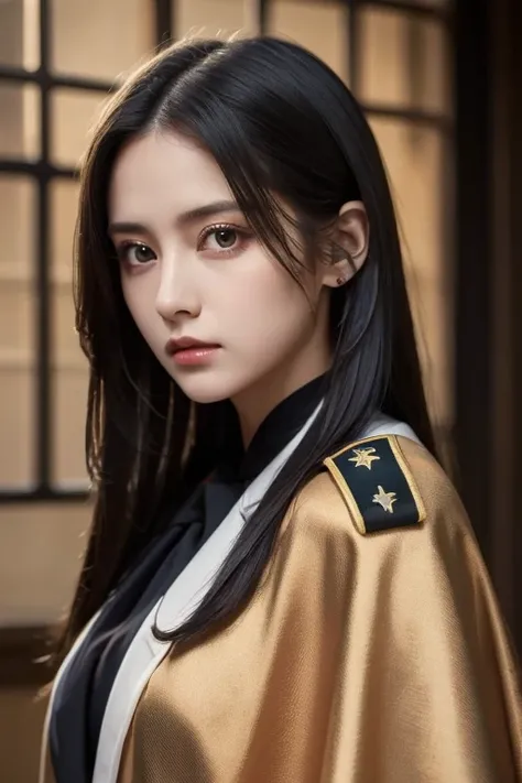  white  girl with long black hair is wearing a military uniform,  Orange Cape , Big hazel eyes,  Science Fiction , Dark mood, 