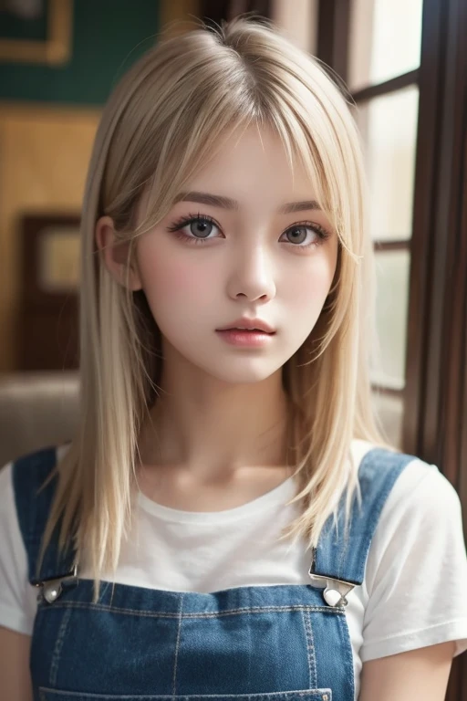 +Masterpiece,  best quality ,  very detailed,   high school girl,  beautiful faces ,  rich details , ( long white hair),  perfect face ,   overalls,  is sitting, close-up, Shabby sofa