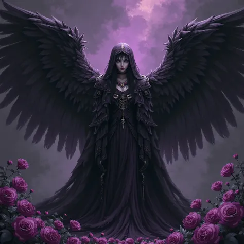 Image of a fallen angel, with a black and purple background and decorated with purple roses