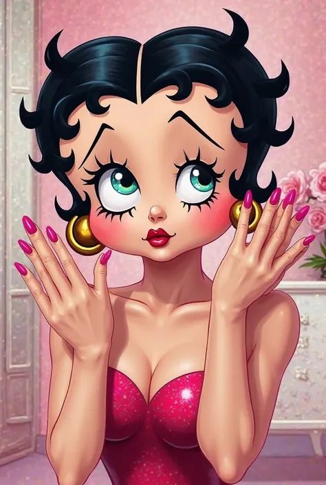 Betty Boop showing off her pink nails for a nail studio