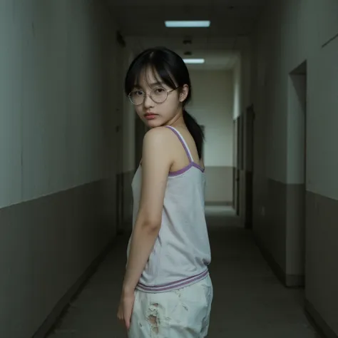 middle school girl wearing oval silver-rimmed glasses, black hair semi-long hair,low ponytail, a tank top with a purple horizontal stripe border , rough skin,Narrow bright hallway in a building,Exhausted, shot from the waist ,Standing still, taken from the...