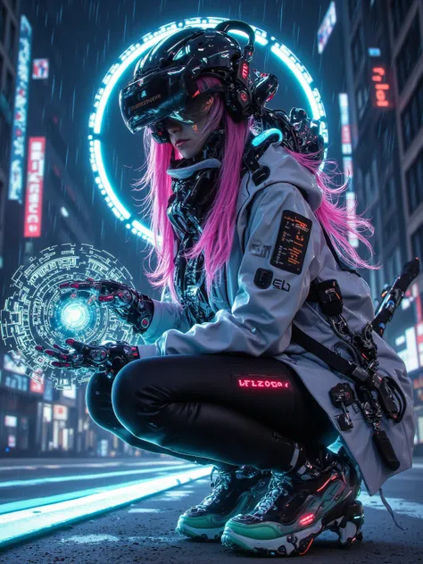 Scene of a leading tech female cyber hacker，illuminated future cityscapes，Wearing a tech-enhanced outfit，and equipped with a virtual reality helmet。Scenes show her hacking into secure government databases，Surrounding a holographic data display and future t...