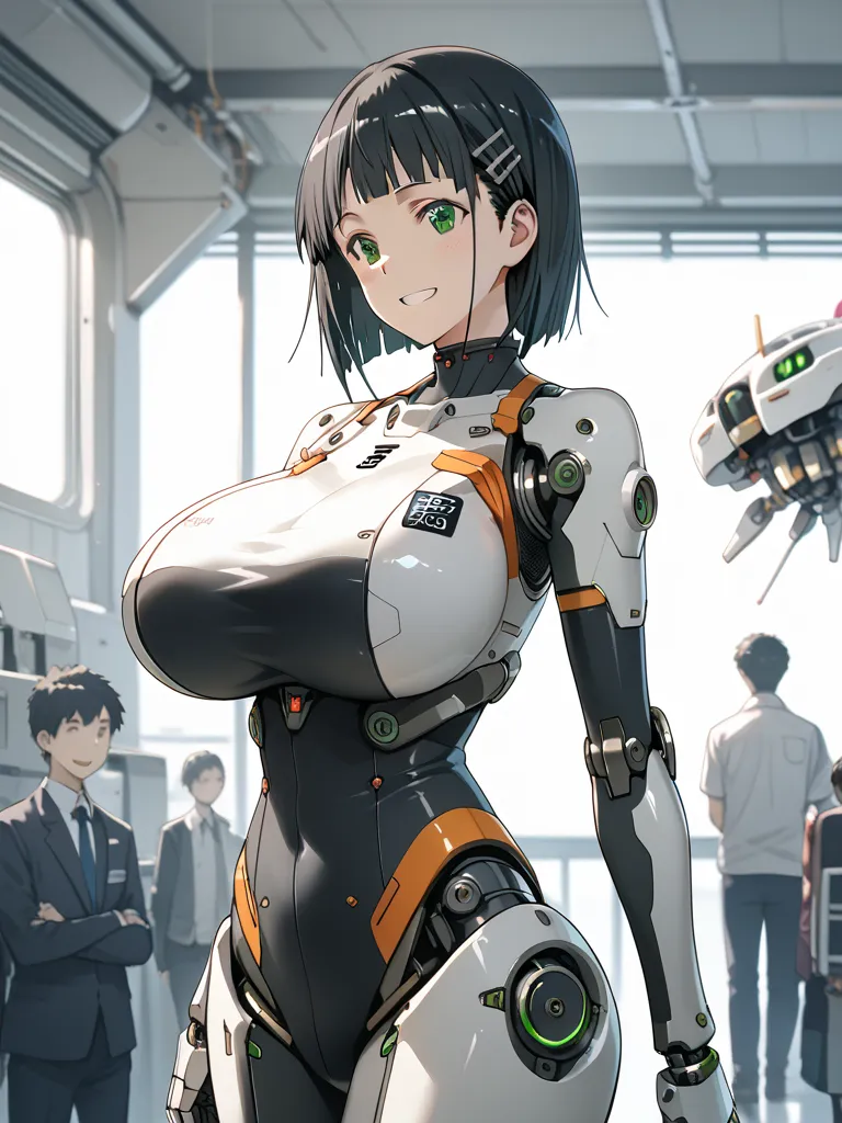 suguha kirigaya, short hair, black hair, hair ornament, hairclip, green eyes, gigantic breasts, (machine suit, mechanical:1.2), core, glowing core, happy smile, standing, from front, indoor, school, masterpice, best quality, high resolution, ultra-detailed...