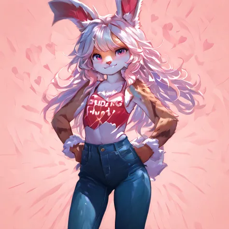  A pretty cute White furry bunny anthropomorphic girl baddie with a cute tank top, slightly tight jeans, and a nice butt, age 19, is being flirty, seductive, hands on her hips, blushing, college background, full shot, detailed, 4k.
