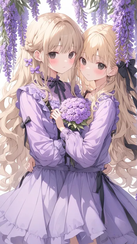 Cute girl, blush, bouquet of flowers hanging with strap on shoulder, wavy long hair, lavender clothes, lavender blouse , blonde hair , black eyes 