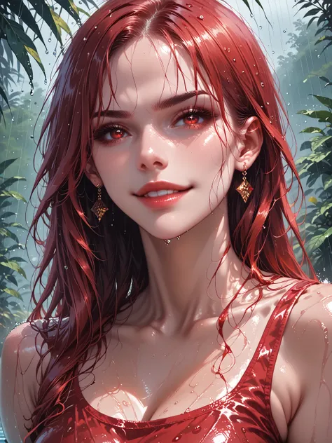 (Best quality, 4K, tmasterpiece :1.Beutiful women, 1 Sister, (, attractive body :1.2), Abs :1.1, long flowing hair: 1.1, (rainy wet, wet from rain, Soaked :1.2), The face very detailed, detailed lips, detailed eyes, double eyelid, red clothing. smirk, glos...