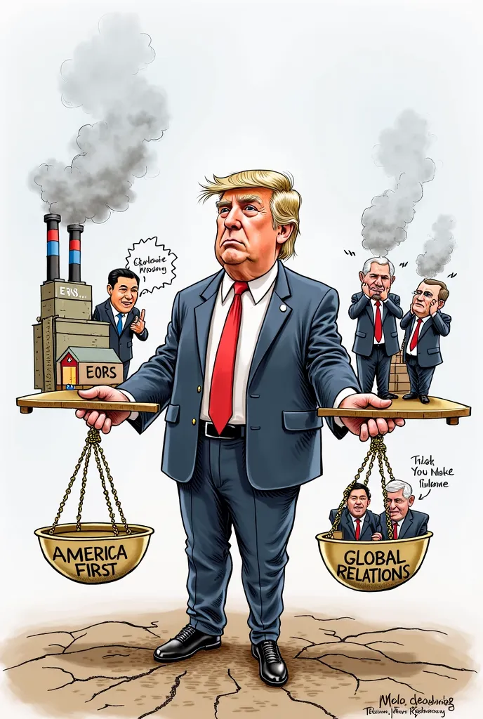 Sketch Description:
The editorial cartoon features Donald Trump standing at the center, wearing a suit and a red tie, with his signature hairstyle. He is holding a giant balance scale—one side labeled "America First" and the other side labeled "Global Rela...