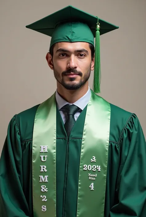 A graduate wearing a battle green cap and gown, the cap has a tussel colored light shining green.  with the stole colored light green, the stole has a lining of white both side. On the left side there is HUMSS written vertically, and on the right side, the...