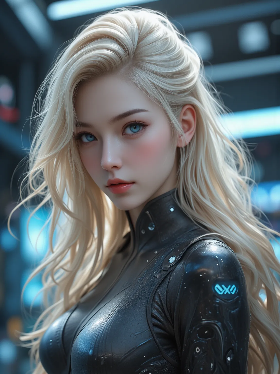 The fine sci-fi blockbuster art of a charming white woman、Golden Horse-Haired Woman。Her intense gaze and discerning features capture the screen。 High detail，Immersive， Dazzling colours，Futurist Technology。