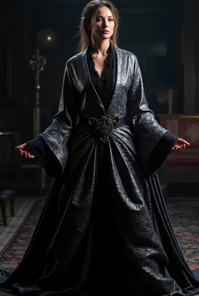 arafed woman in a black and silver dress holding a cigarette, dragon-inspired silk robes, ornate dark clothing