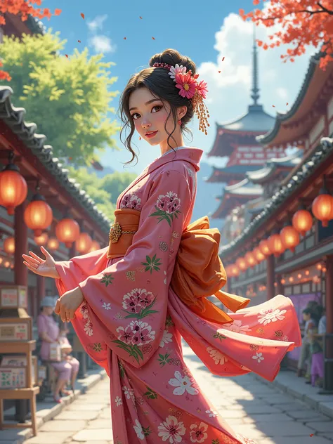 Beautiful woman in kimono who lives in the city of Kyoto、 animation