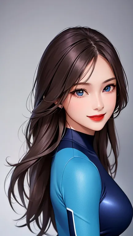 woman , long hair brown, normal, dark, she is solo, from alternative world ,best quality, realistic, cycling (full blue aqua color) suit and cycling sports black shorts, she is stand , smile, red lipstick , 