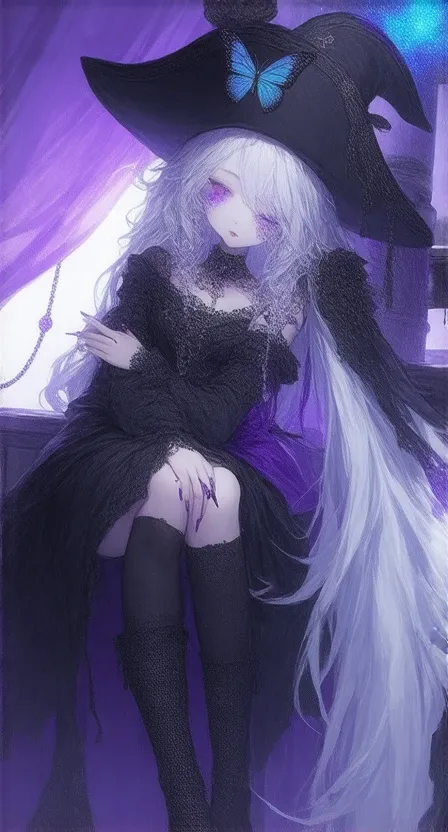 Vampire witch anime girl with pirate hat. Sexy black short dress. Black heeled boots with purple and with laces. very long white and purple hair. big purple eyes, pink lips, black and long fingernails. Faint face , sad and taciturn look. Black roses, skull...