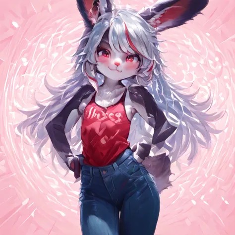  A pretty cute White furry bunny anthropomorphic girl baddie with a cute tank top, slightly tight jeans, and a nice butt, age 19, is being flirty, seductive, hands on her hips, blushing, college background, detailed, 4k.
