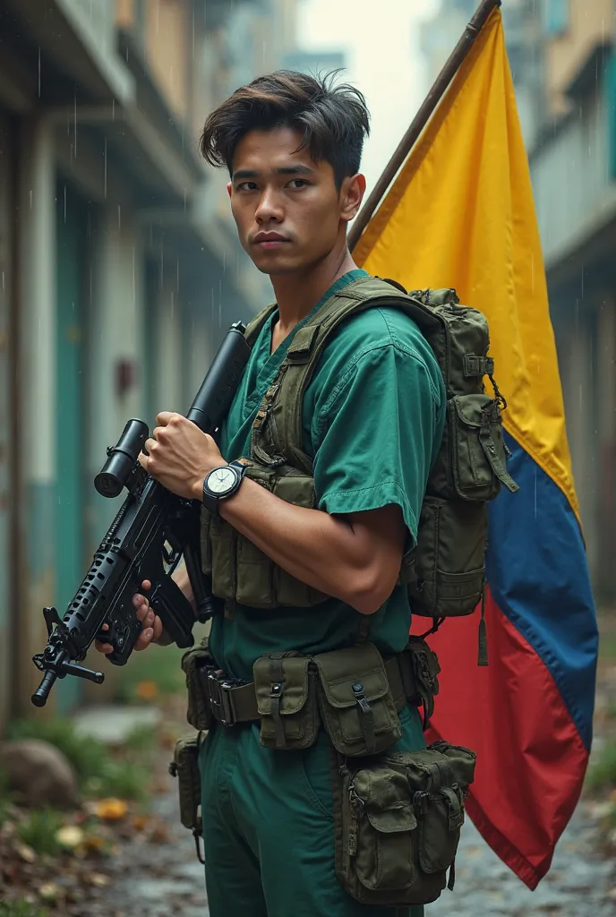 Young armed doctor, WITH COLOMBIAN FLAG , 