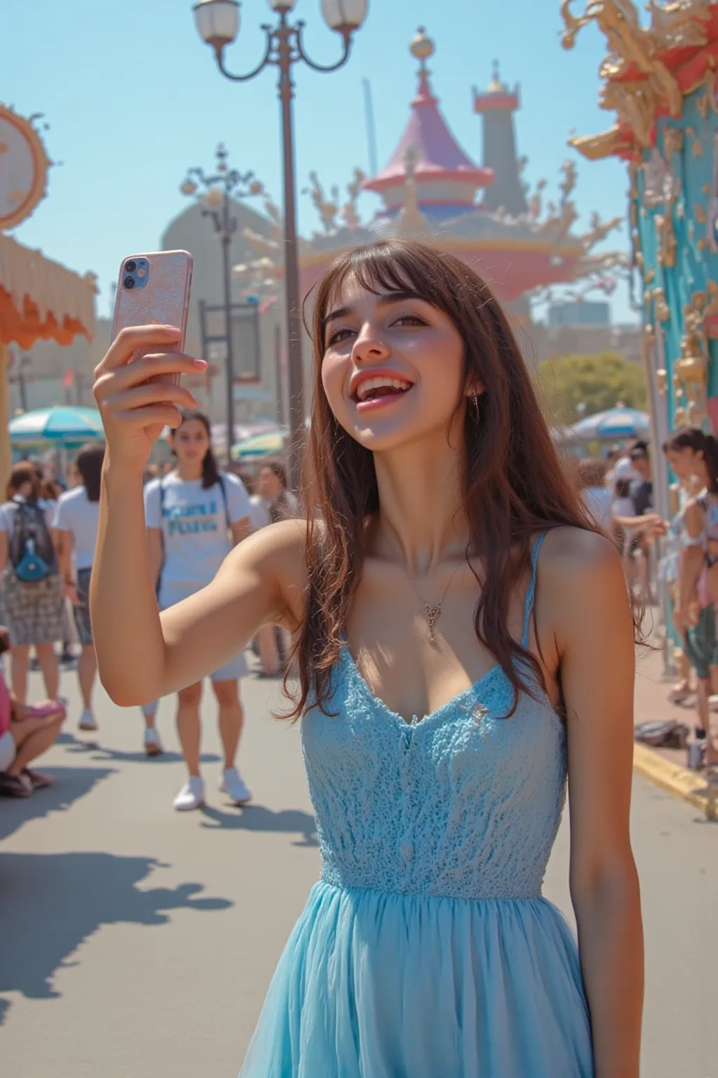 She is wearing a light blue dress, holding her phone in one hand and holding it high to take a selfie camera.She has a bright smile and sticks out her tongue a little.It's an amusement park where you can see the rides.