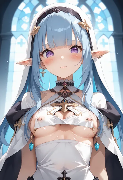 NSFW、 erotic、(((oiled、、Medium breast、、small breasts、、under boob、、side boob、、breast cleavage)))、、((Nuns、、 chest curtain 、、capeleT、、 erect nipples、、nipple piercing、、Cute elf girl、、areolae slip、、))、、 (halter neck、、embarrassed, blush、、Sexy woman 1.3、、Off the s...