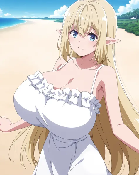 score_9, score_8_up, score_7_up, source_anime, anime coloring, anime screencap, 1 girl, solo, aria (Beheneko), long hair, blonde hair, elf, blue eyes, loving smile, white beautiful skin, gigantic breasts, standing, looking at viewer, slim body, sleeveless,...