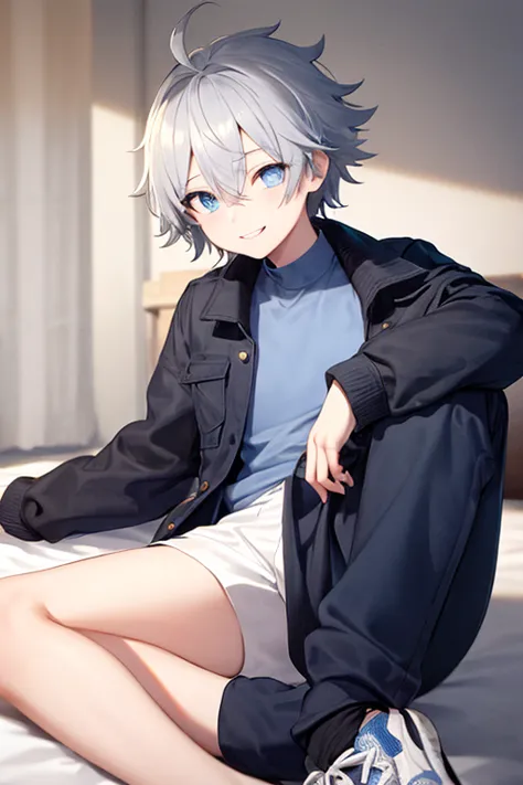 ((TOP QUALITY))、((masterpiece))、(details)、 one boy in airspace、Women、Short Hair、Gray Hair、 disheveled hair、Bedhead、 one eye is hidden by hair、 zitoida、has narrow eyes、 light blue eyes、I have a mole under my eye 、blue and black jacket、white shirt、 black jer...