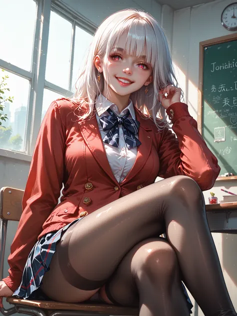 masterpiece, best quality, high res, absurd res, long white hair, blunt bangs, school uniform, red jacket, black pantyhose, white shirt, black ribbon, pleated skirt, long sleeves, cowboy shot, glossy eyes, blush, evil smile, sitting, classroom background, ...