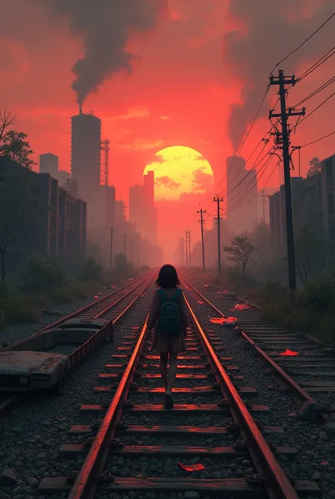 Image of a railroad with 3 sinuous and deteriorated tracks to the horizon with wagons Of cargo from the 80s, very rusty and abandoned on the rail left and another on the right track ,  there is a surviving 20-year-old girl with a backpack on her back and t...