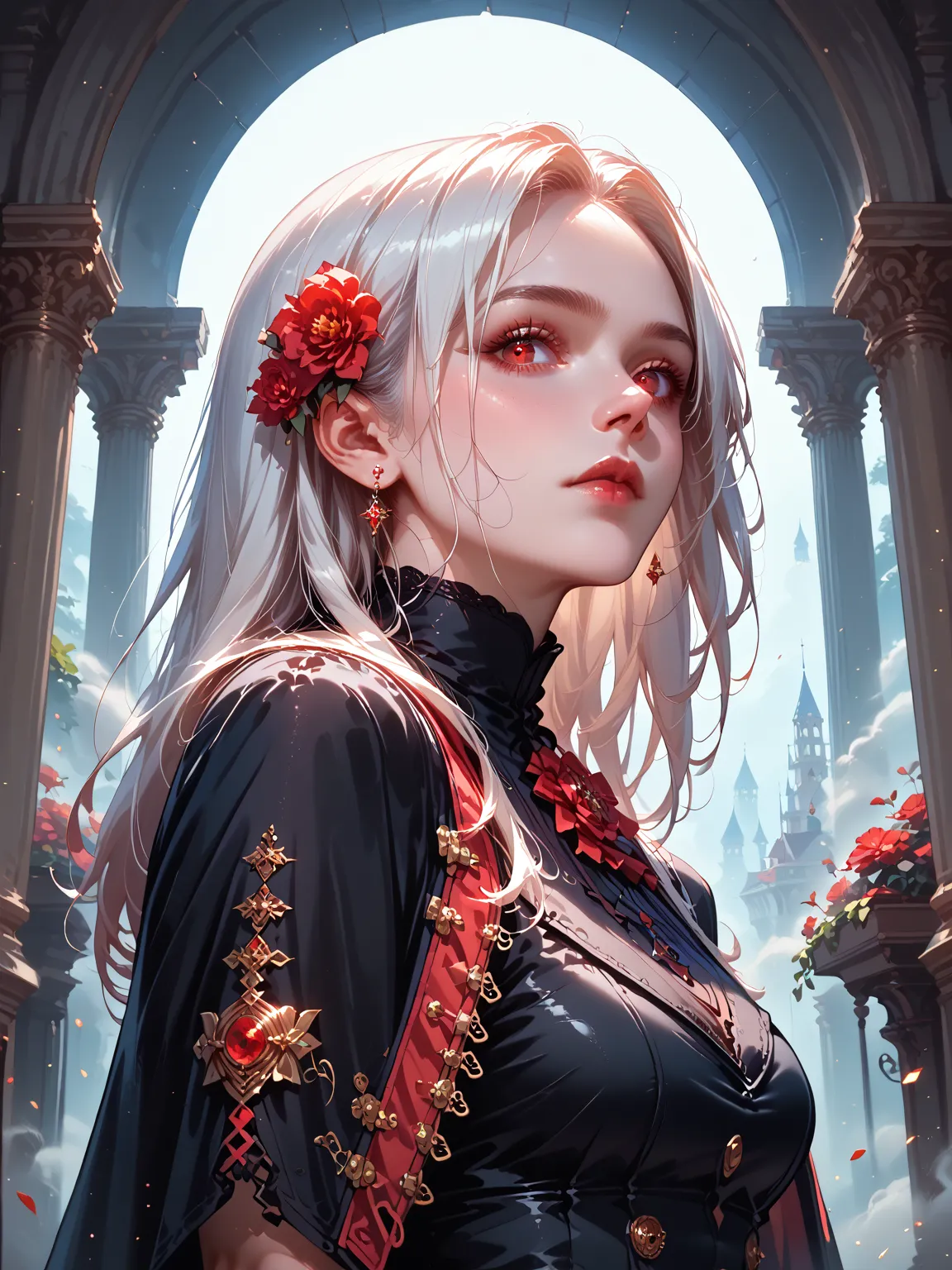 (Best quality, masterpiece), (1 girl, One, black dress, standing , I look at the viewer, White hair, Finely detailed red eyes, closed mouth, upper body, ears invisible, Finely detailed hands ), (red dreamcatcher behind, Red flower, ), (extremely detailed i...