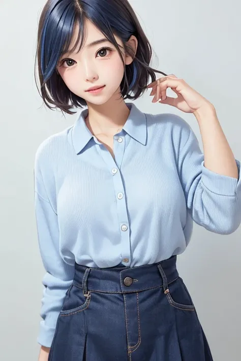 one girl、 Japanese、(((Light Blue Hair)))、(( facing straight ahead))、 standing、Braided hairstyle、(( Brown Eyes))、(( white background))、 Clear Skin、((white shirt))、Casual clothes