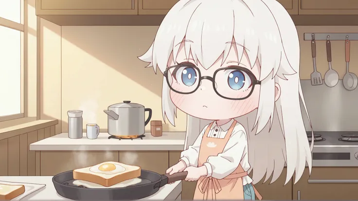 masterpiece, best quality, newest, absurdres, highres,
long hair, white hair, blue eyes, glasses, large bust, looking_at_viewer, chibi, 1girl, solo, cooking, kitchen, morning light, warm atmosphere, cozy home, frying pan, stove, breakfast, eggs, toast, but...