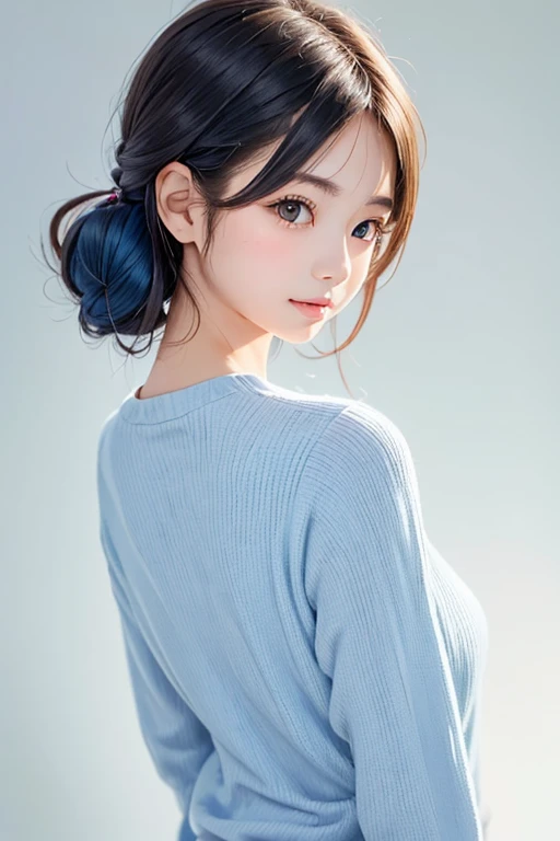 one girl、 Japanese、(((Light Blue Hair)))、(( facing straight ahead))、 standing、Braided hairstyle、(( Brown Eyes))、(( white background))、 Clear Skin、((white shirt))